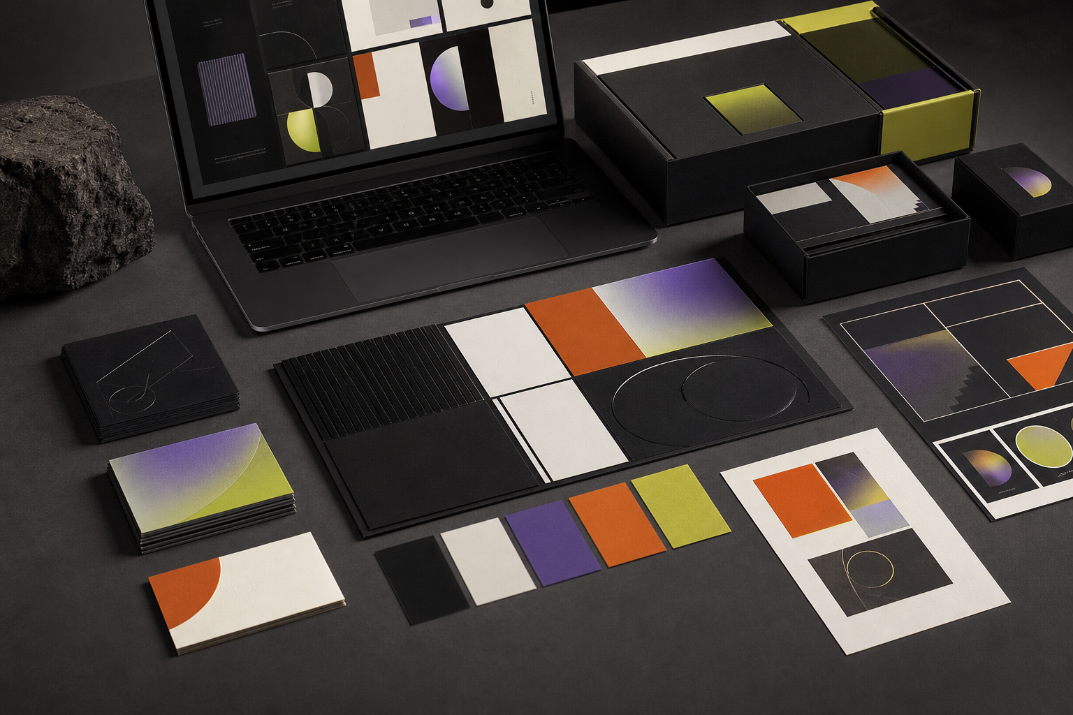 Creative brand identity system with color, layout and digital design assets