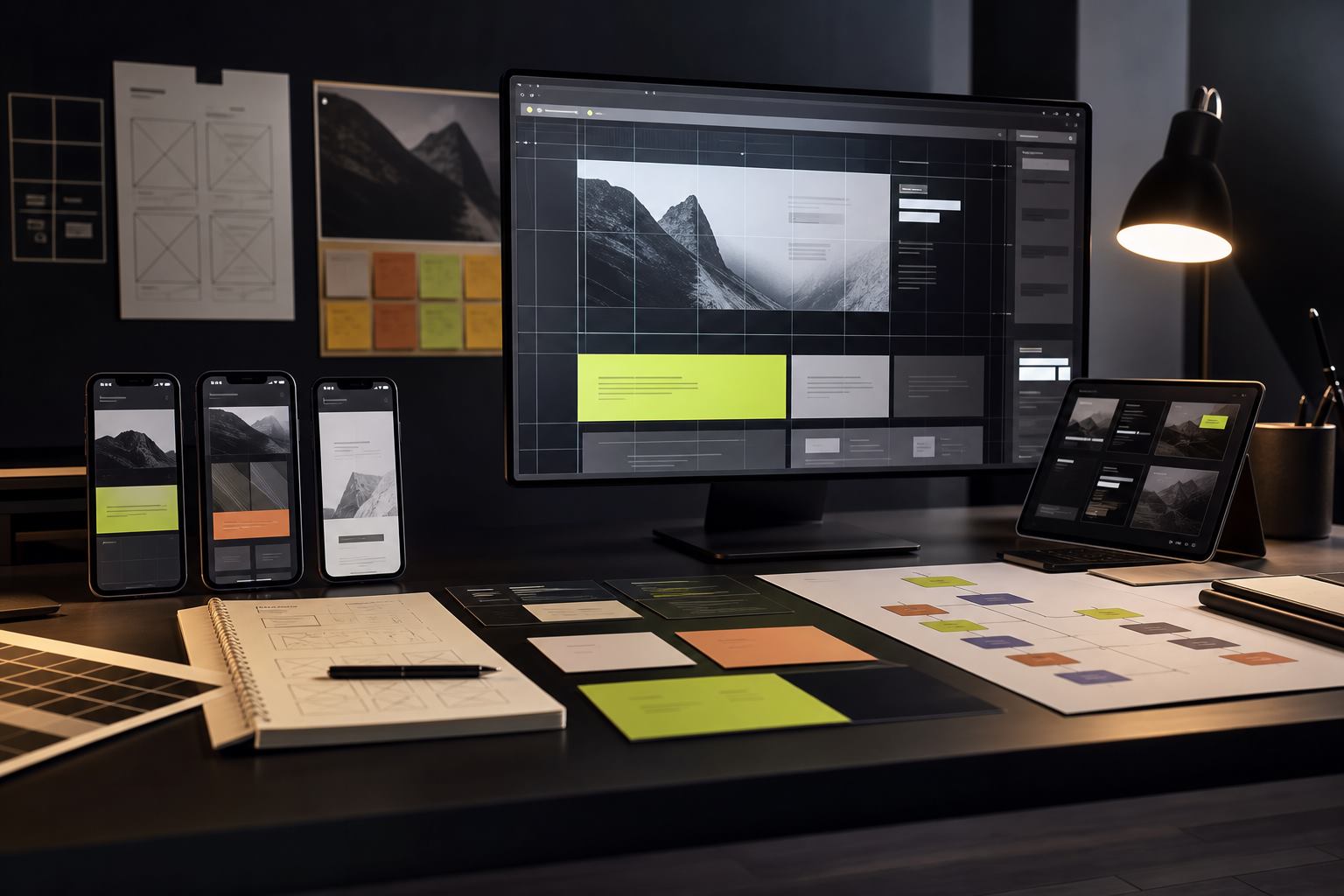 Premium website redesign workspace with responsive screens and conversion planning